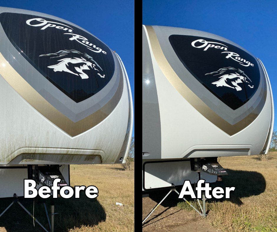 Side-by-side before and after photo of an RV nose with a decal repair and cleanup