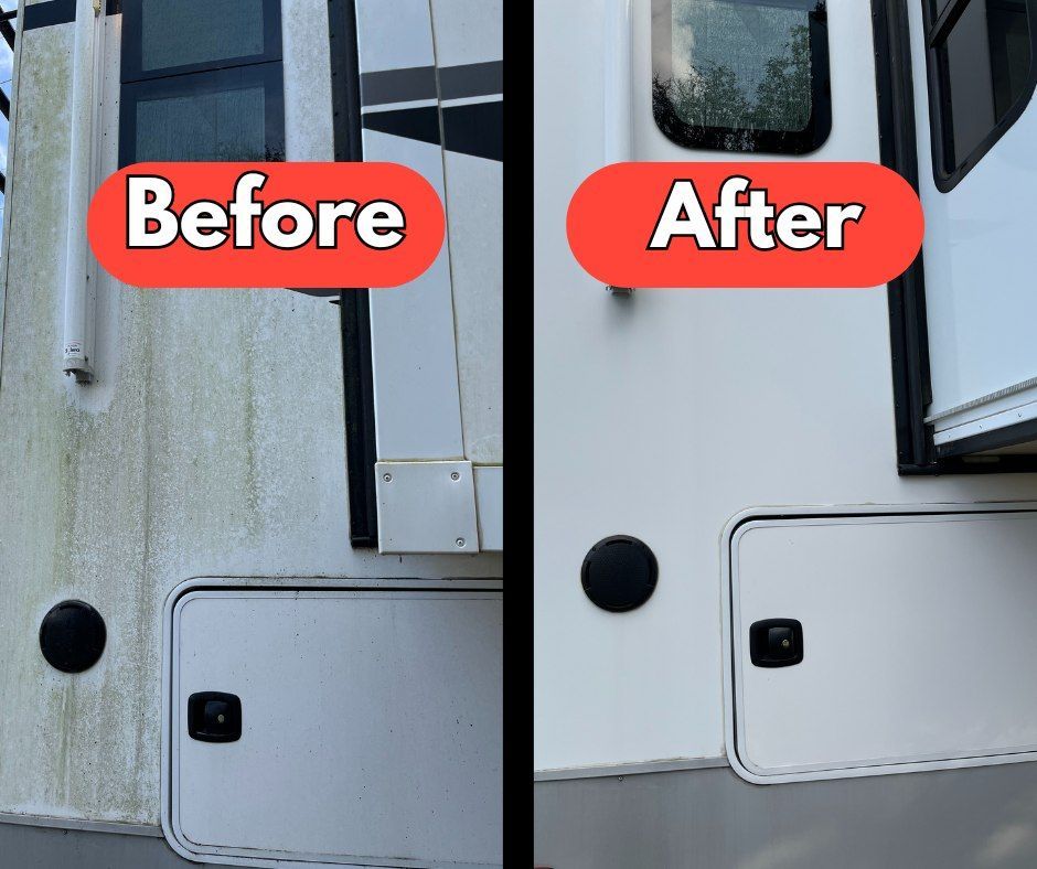 Side-by-side “Before” and “After” view of a white RV exterior panel and door, showing a cleaned surface.