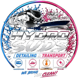Hydro Suds Detailing & Transport logo with blue and pink water splashes, truck, and car icons