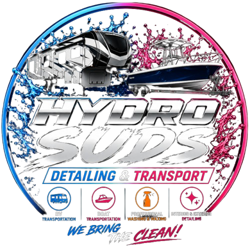 Hydro Suds Detailing & Transport logo with blue and pink water splashes, truck, and car icons