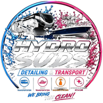 Hydro Suds Detailing & Transport logo with blue and pink water splashes, truck, and car icons