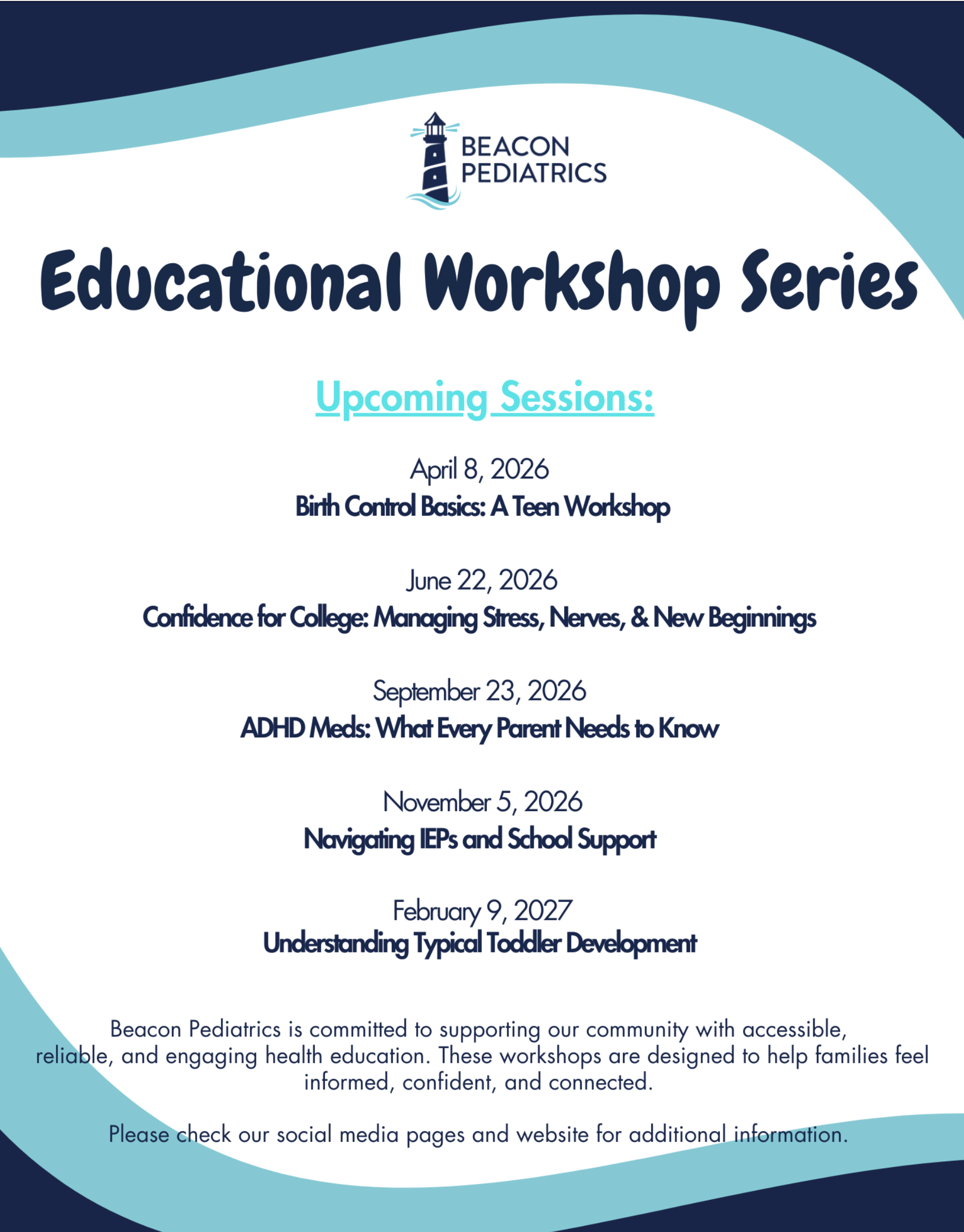 Educational Workshop Series flyer with upcoming session dates and topics on a blue-and-white background