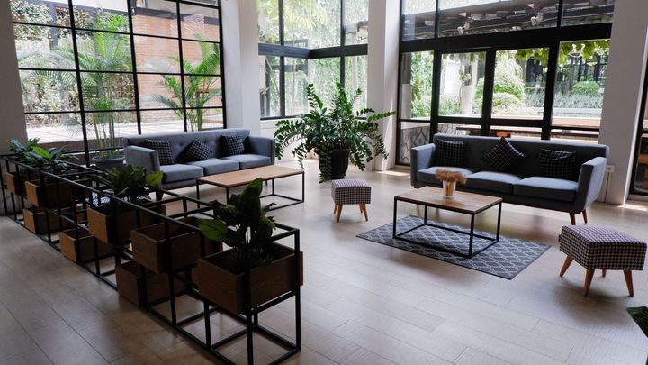Modern living room with black sofas, coffee tables, potted plants, and large windows.