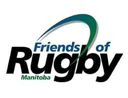 Logo for Friends of Rugby Manitoba featuring bold black text with a blue-to-green swoosh graphic above the word