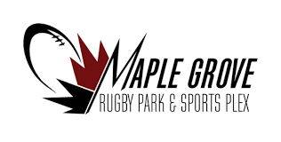 Logo for Maple Grove Rugby Park & Sports Plex featuring a rugby ball integrated into a red and black maple leaf.