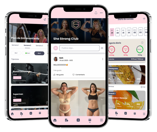 Smartphone showing an app interface with text, CRECE Planes de entrenamiento y nutrición