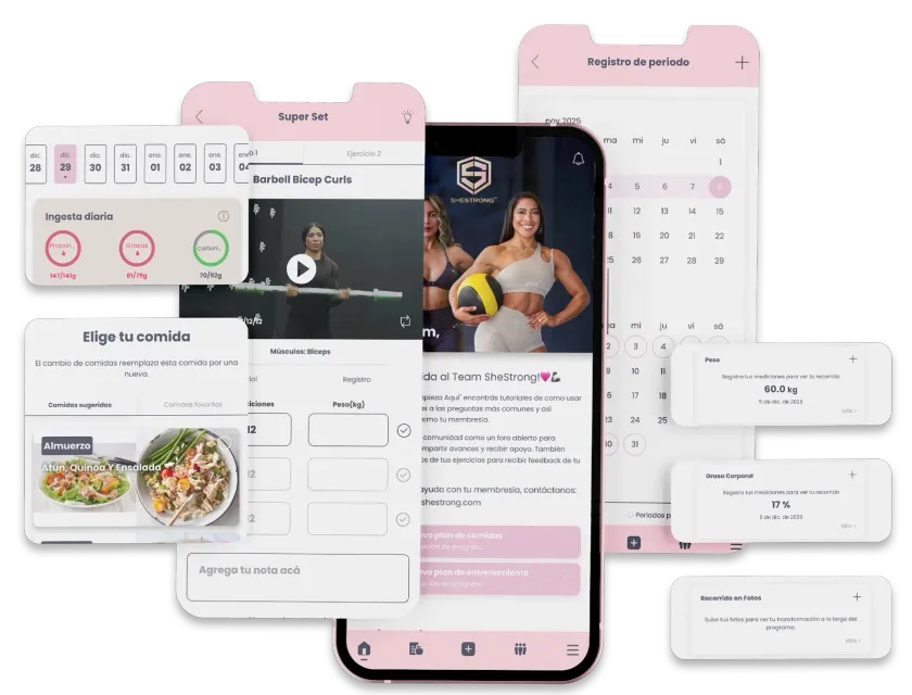 Woman working out with dumbbells, encircled by text promoting fitness and community. CRECE Planes de entrenamiento y nutrición