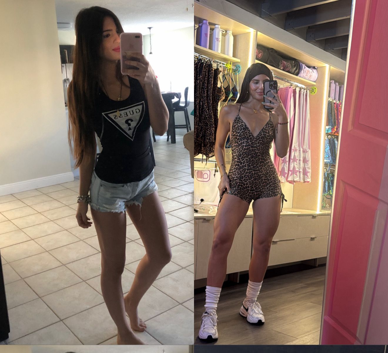 Before and after side-by-side photos of a woman in workout clothing. She appears to have gained muscle mass. The setting changes from outdoors to indoors.