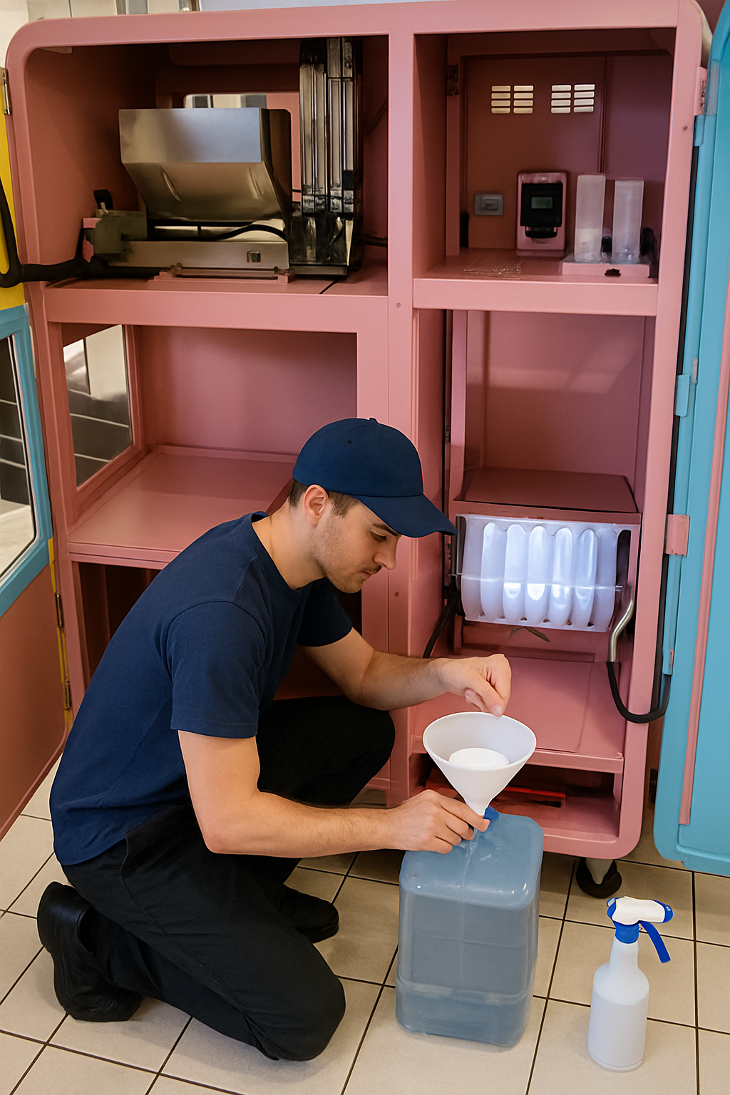 Professional service technician performing maintenance on cotton candy vending machine at military installation