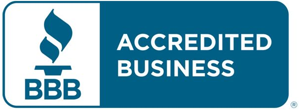 BBB Accredited Business logo, blue and white. Contains a flame icon and the words