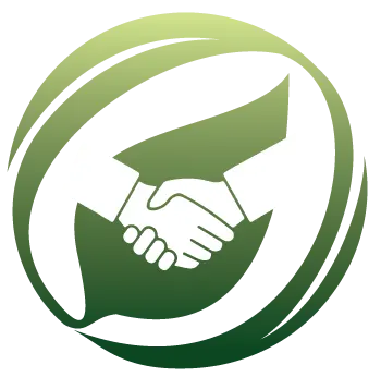 Green handshake logo encircled by a curved ring, symbolizing partnership or agreement