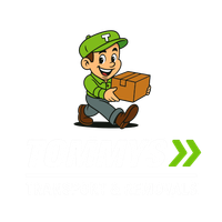 Cartoon courier in green uniform carrying a cardboard box, with green double arrows on the right