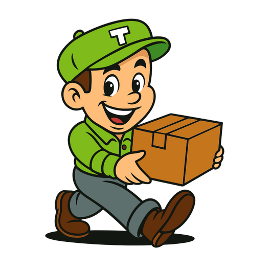 Delivery person in green holding a brown box, running.