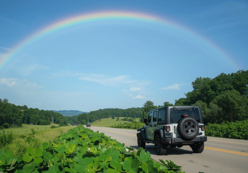 Jeep SUV driving on a country road under a bright rainbow in a green landscape.