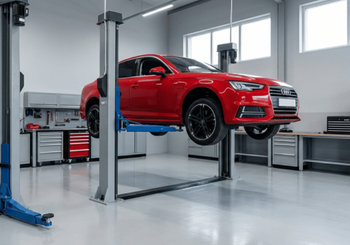 Red Audi sedan raised on a vehicle lift inside a clean, modern auto repair shop during a routine maintenance inspection.