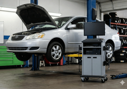 Silver Toyota sedan elevated on a service lift inside an automotive repair shop with diagnostic tool