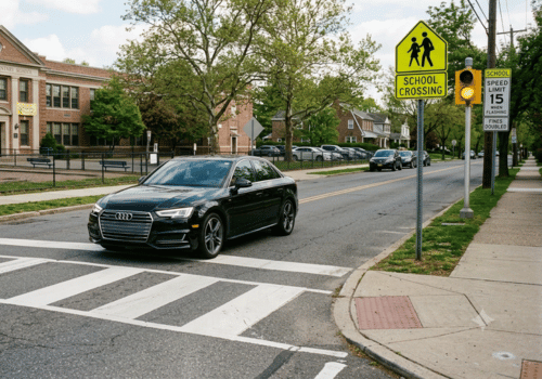 Black Audi sedan approaching a marked school crosswalk with school crossing and speed limit signs