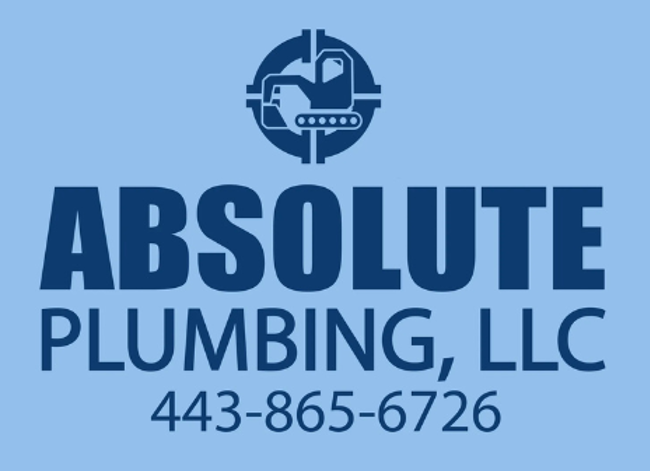 Logo for Absolute Plumbing, LLC, blue background, with text and a crosshair icon with a backhoe.