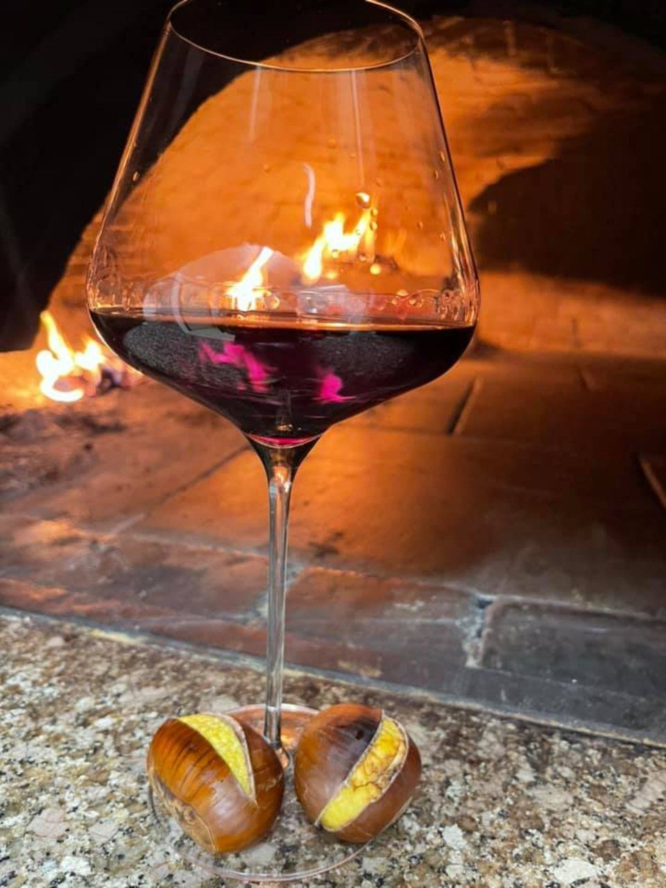 vino rosso e castagne cotte nel forno a legna