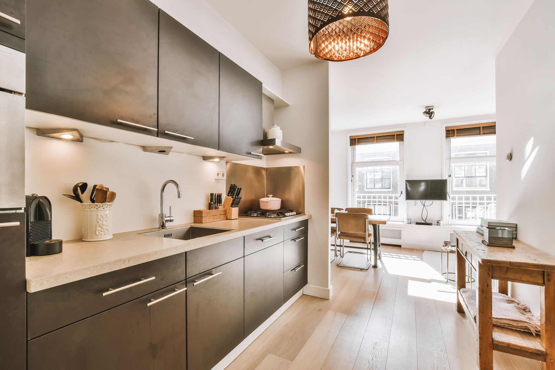 Kitchen with brown cabinets and a sink