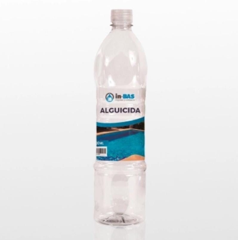 Botella de alguicida para piscinas.