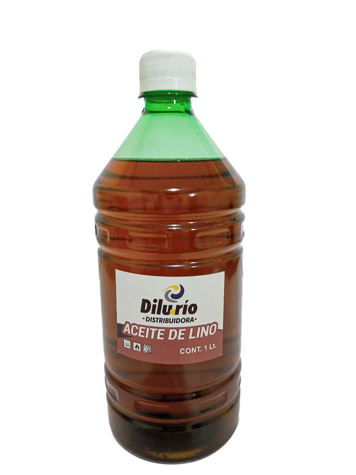 Botella de aceite de linaza Diluvio. Líquido marrón, tapa y etiqueta verdes sobre fondo blanco.