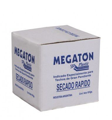 Caja de cartón blanca rotulada “MEGATON SECADO RAPIDO”, para techos con pendiente pronunciada; texto en color azul.