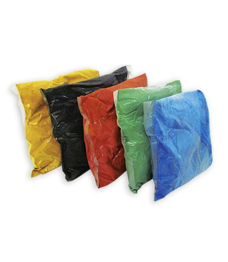 Bolsas de polvo de colores en amarillo, negro, rojo, verde y azul.