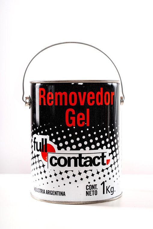 Lata de decapante de pintura “Removedor Gel” de color negro, estampado de lunares blancos y logo rojo y blanco.