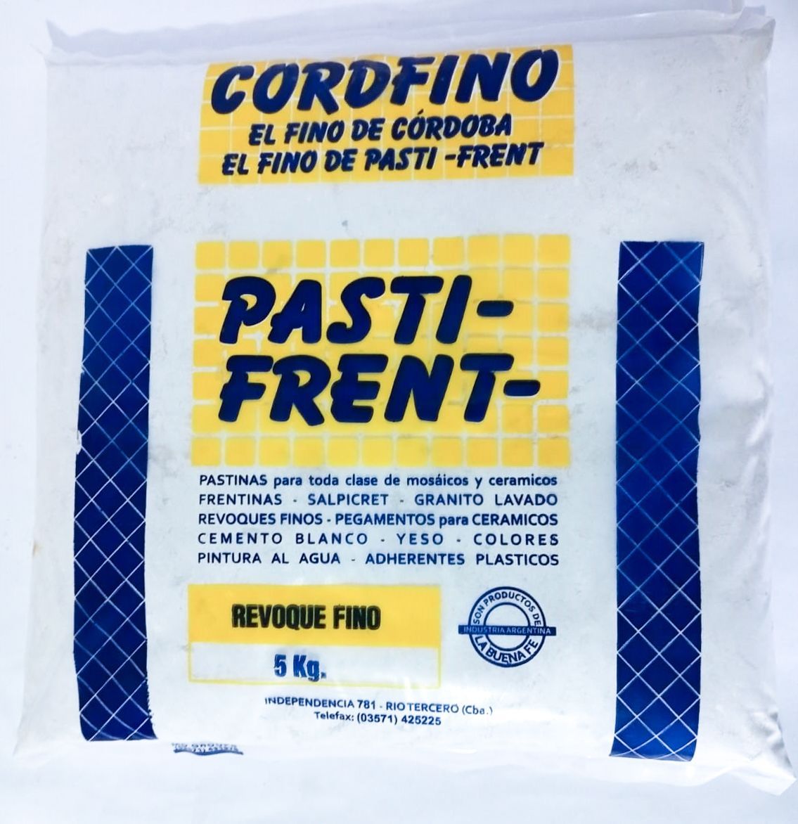 Bolsa blanca de tiritas finas “CORDFINO PASTI-FRENT-”, con texto y diseño en color azul y amarillo.
