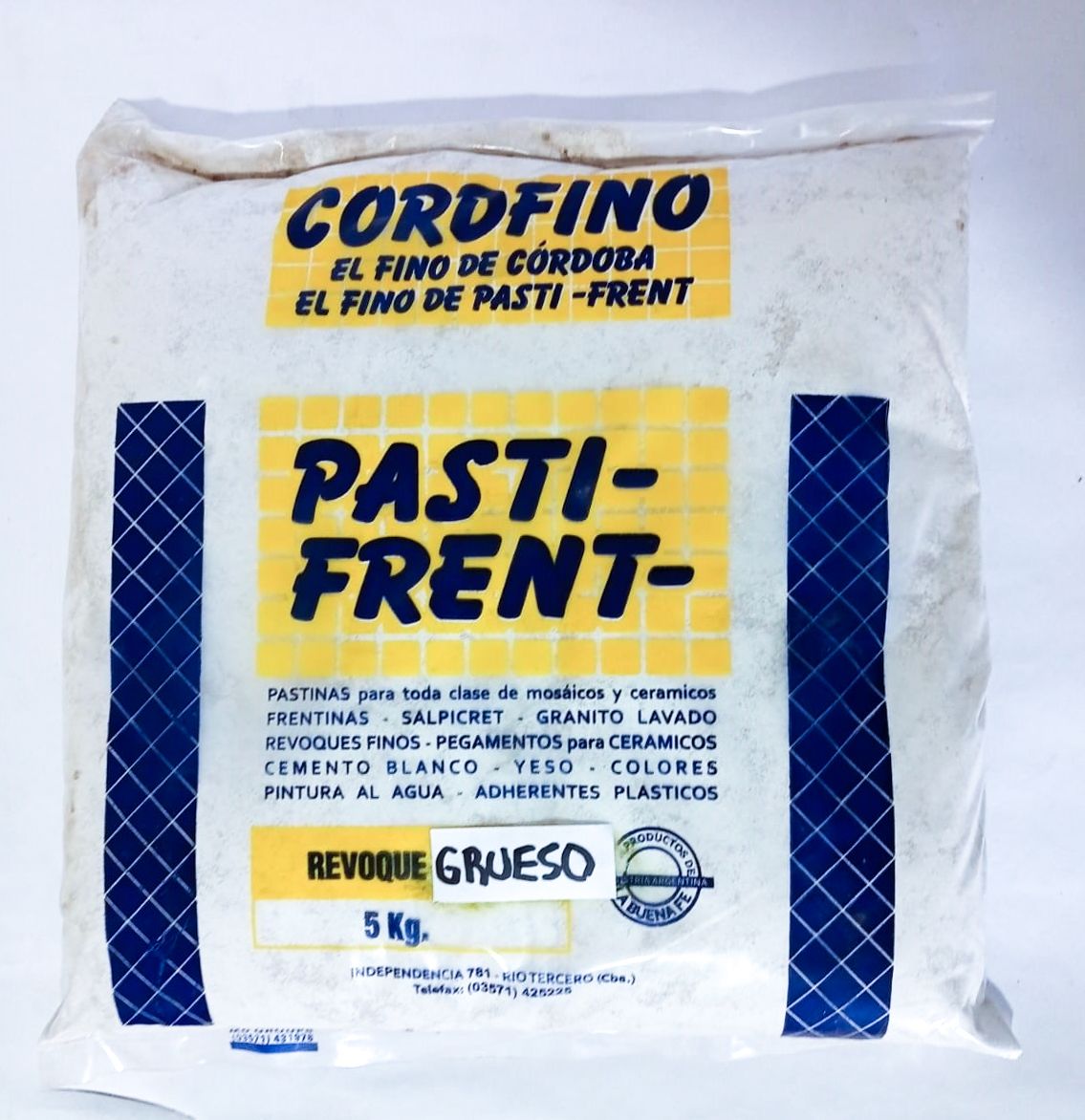 Bolsa de yeso “Cordfino” “Pasti-Frent” con texto en español, cuadrícula azul y fondo blanco.