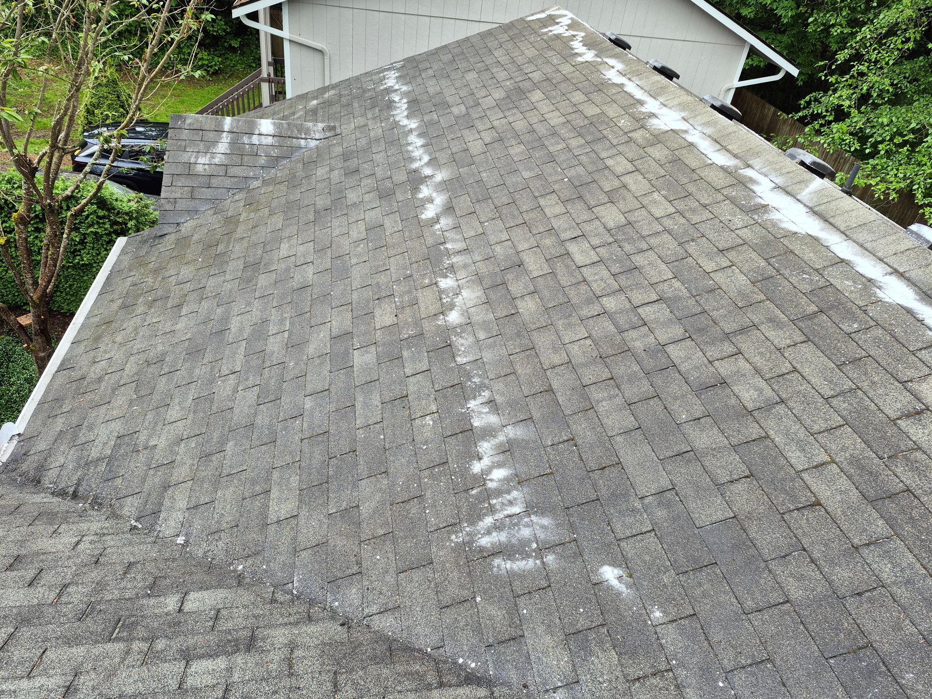 Damaged shingle roof with a long central leak stain and white ridge repair line.
