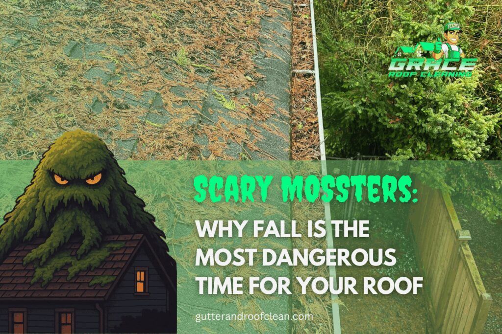 Scary moss-covered roof with a monster house and text: “Why fall is the most dangerous time for your roof”