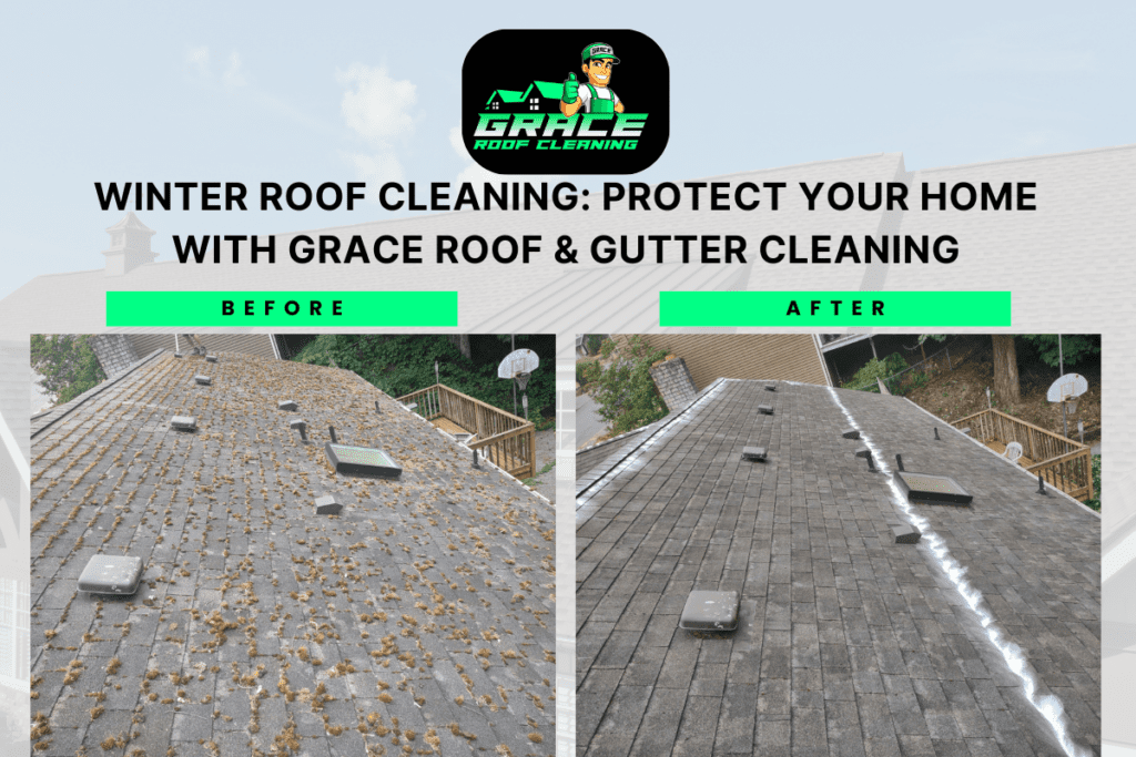 Before-and-after roof cleaning ad showing a dirty roof beside a clean roof with white gutter line.