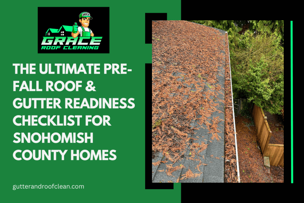Green promo graphic for Grace Roofing: “The Ultimate Pre-Fall Roof & Gutter Readiness Checklist for Snohomish County Homes”