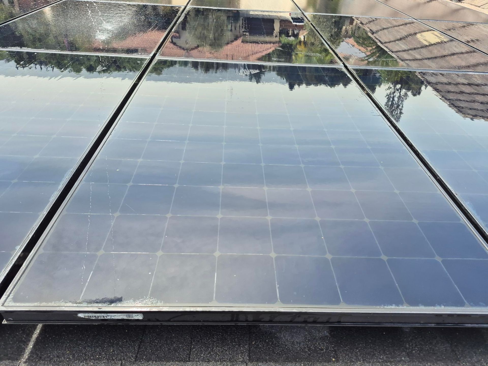 Solar panels on a rooftop reflecting the sky and nearby trees.