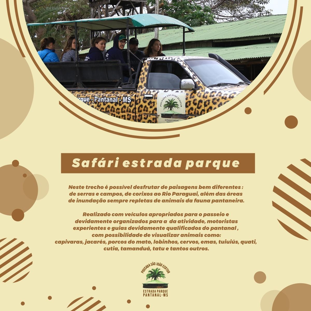Um cartaz do safari estrada parque mostra um caminhão com uma estampa de leopardo