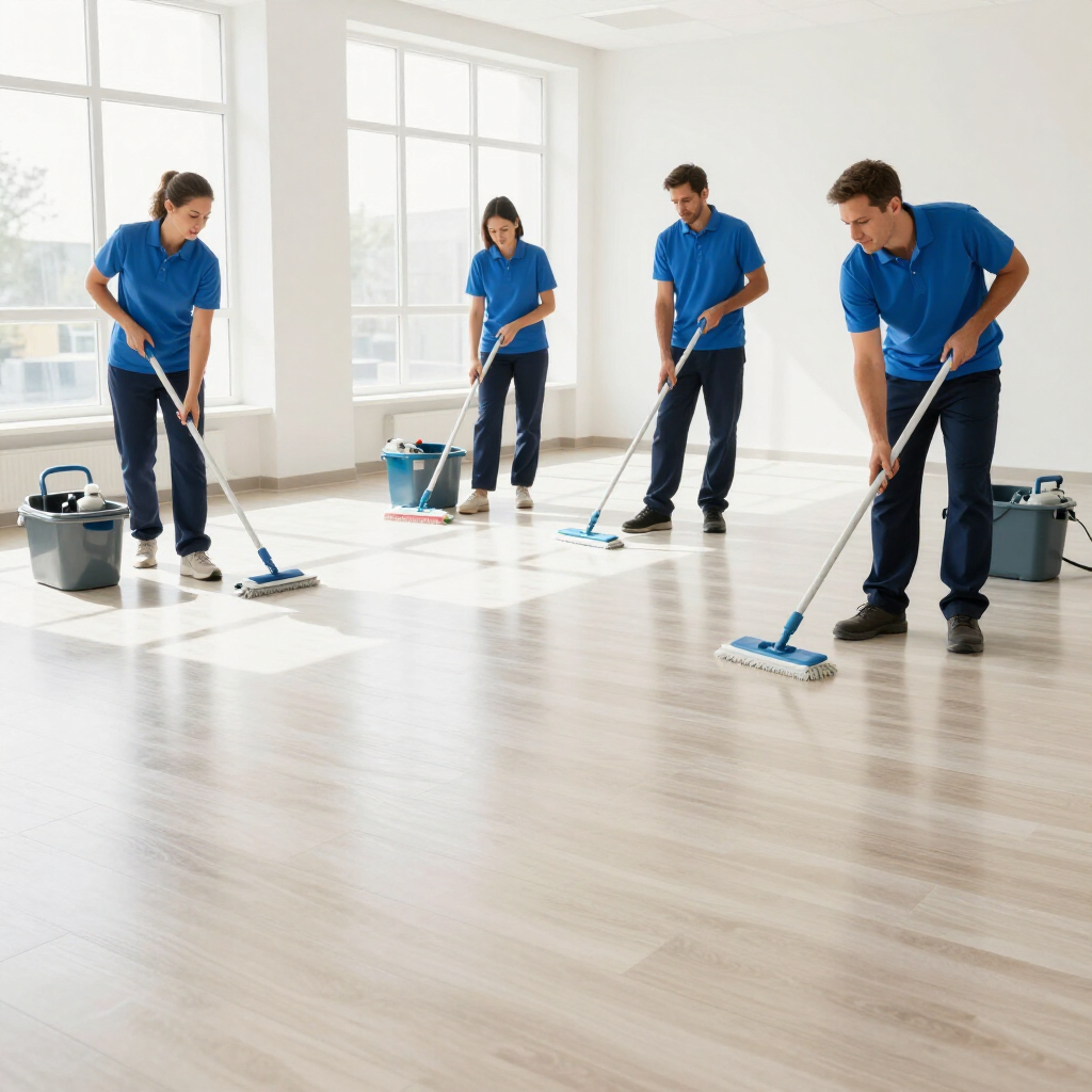 Four cleaners in blue uniforms moping a bright, empty room with white walls and large windows.
