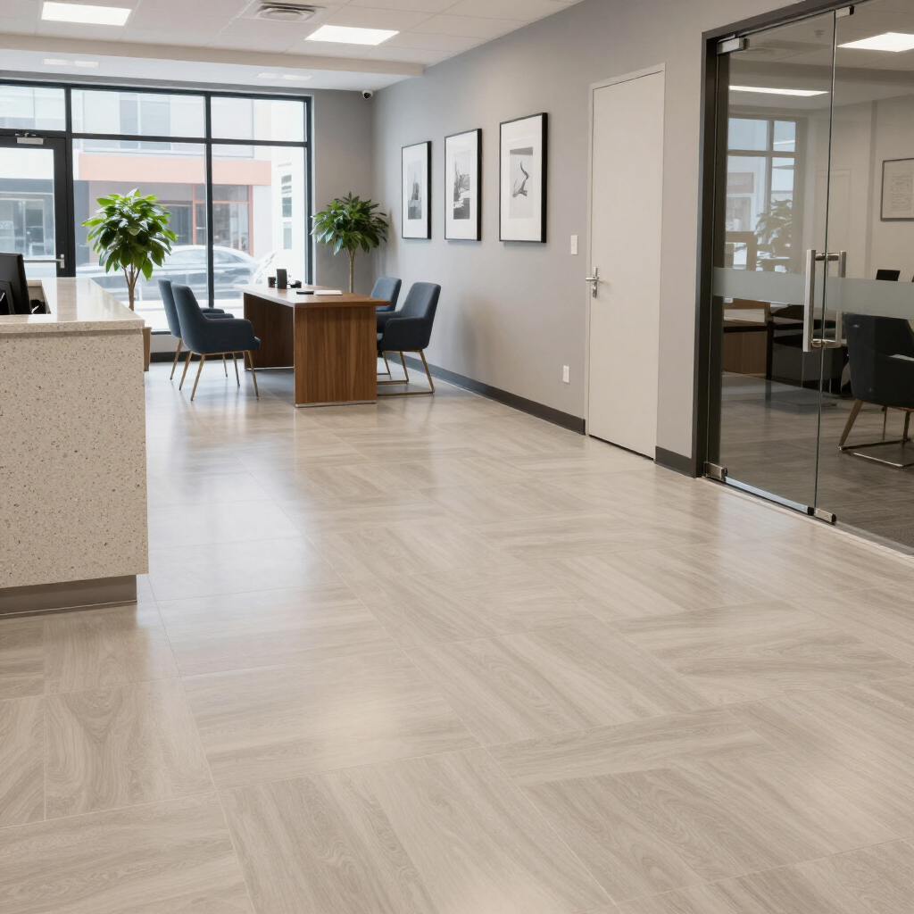 A modern office lobby with a reception desk, a wooden meeting table, chairs, wall art, and glass-enclosed rooms.