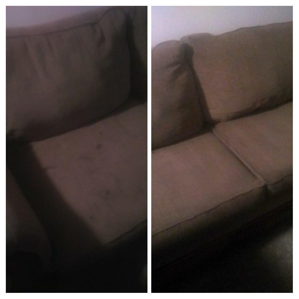 two pictures of a brown couch with a stain on it