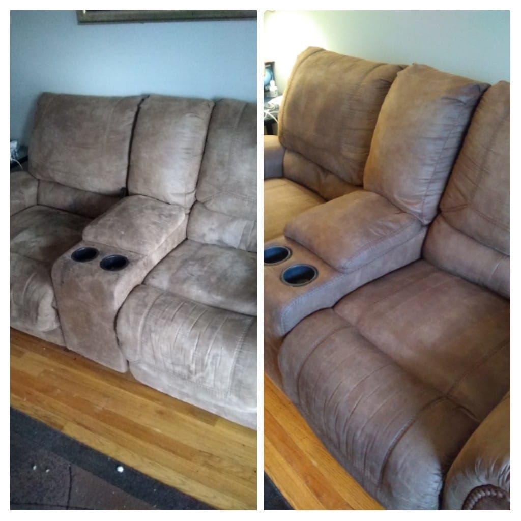 a before and after picture of a brown couch