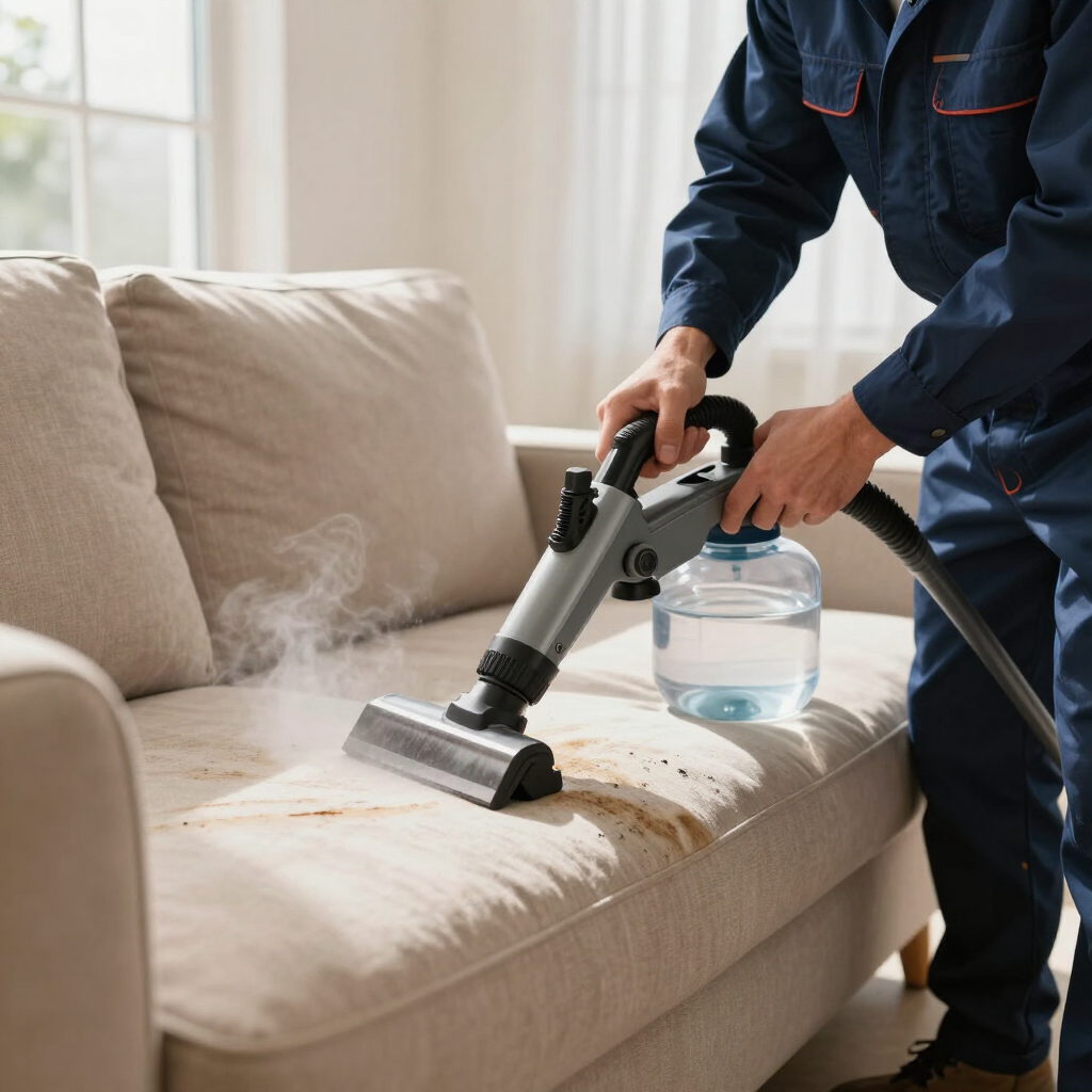 Person cleaning a beige sofa with a handheld steam cleaner beside a water jar