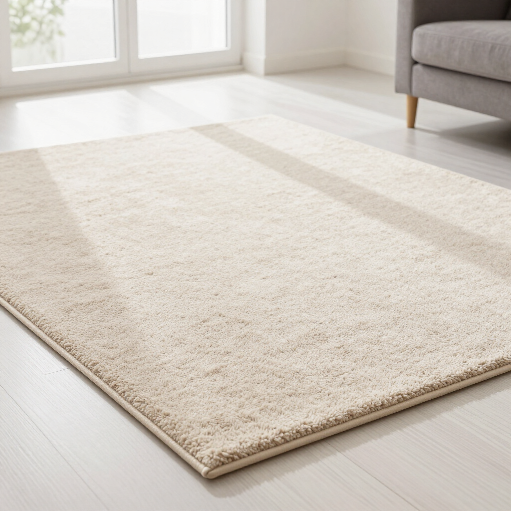 Beige area rug on a bright living room floor near a gray sofa and windows