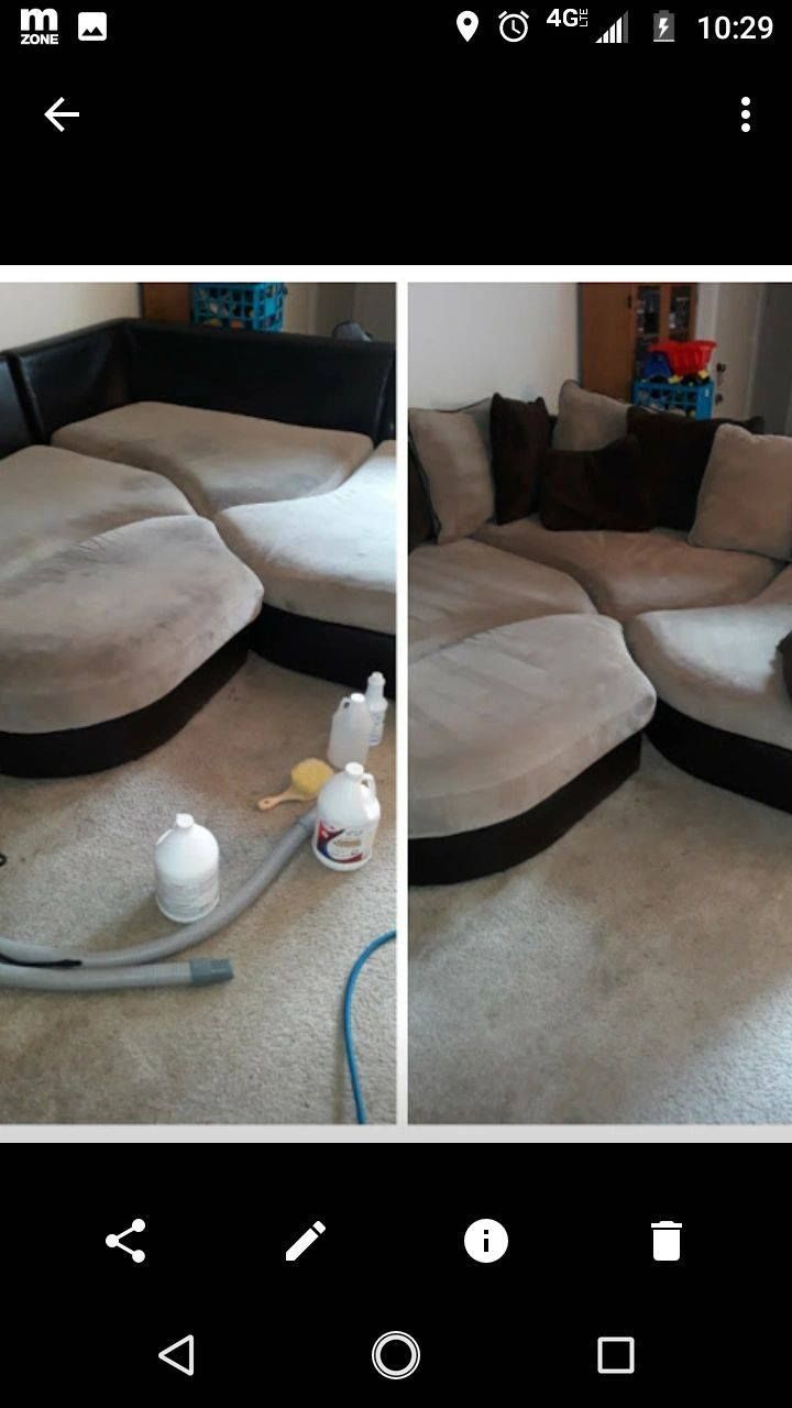 a phone screen shows a couch before and after being cleaned