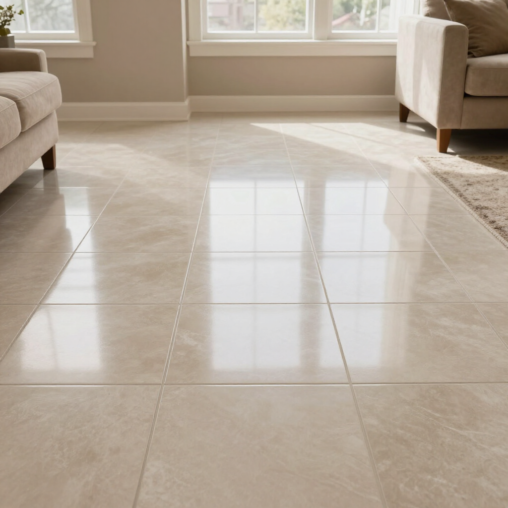 Shiny beige floor tiles in a bright, modern living room with parts of two sofas visible on either side.
