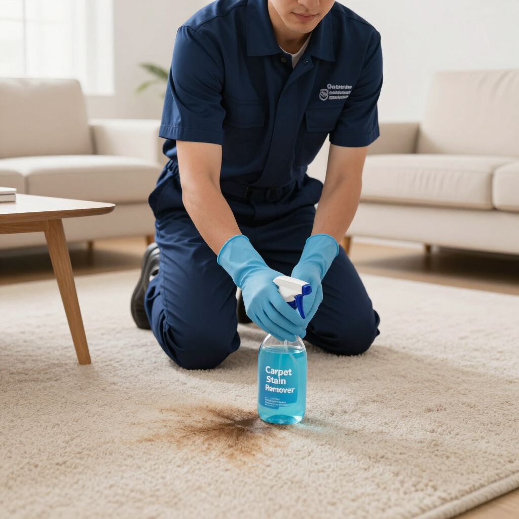Cleaner kneeling on carpet, spraying stain remover on a brown stain in a living room