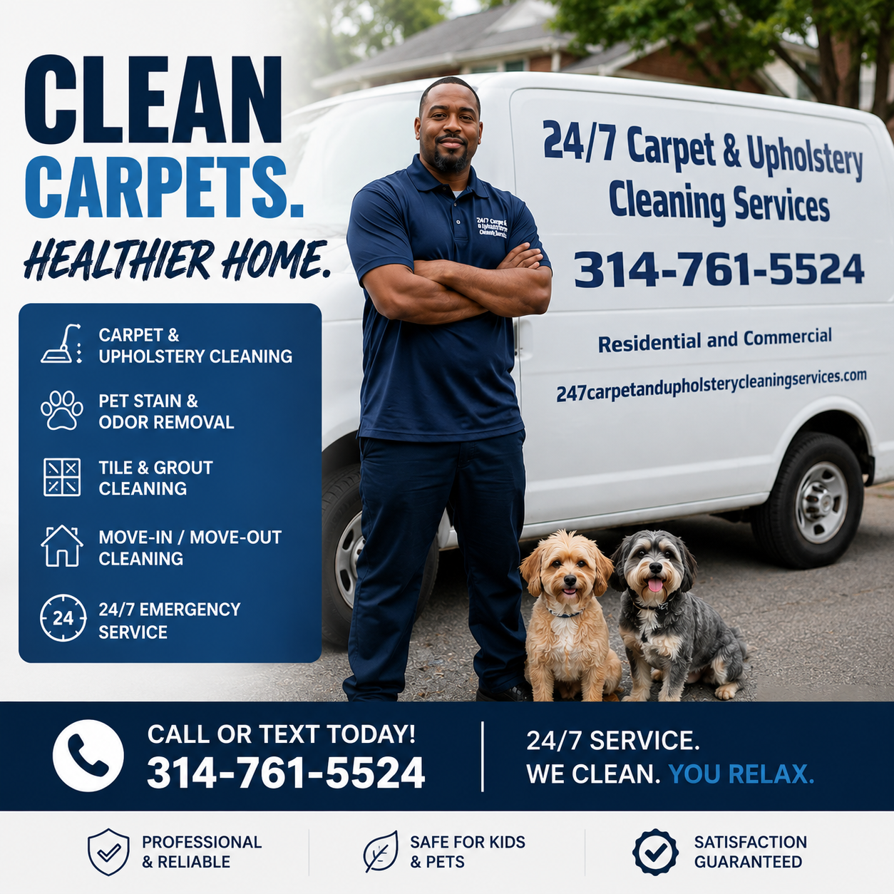 Carpet and upholstery cleaning ad with man beside service van and dog, phone number 314-761-5524.