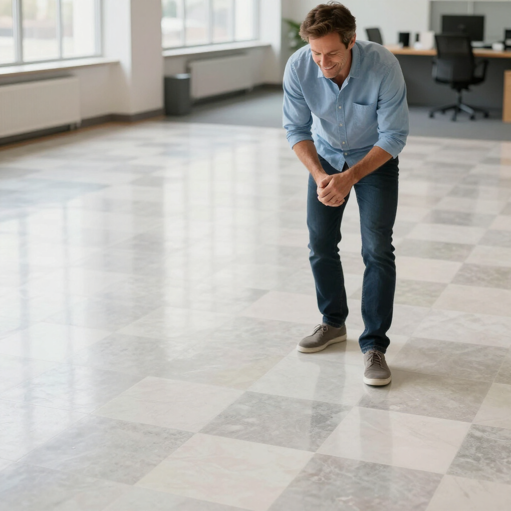 A person in a light blue shirt and dark jeans stands smiling in an office with light-colored, checkered tile flooring.