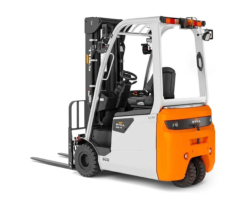 Electric STILL forklift truck with white and orange body on a plain white background.