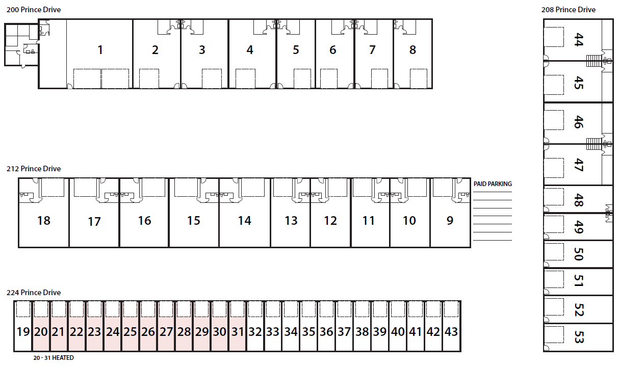 contractor shops and business suites for lease - floor plans and storage unit layout